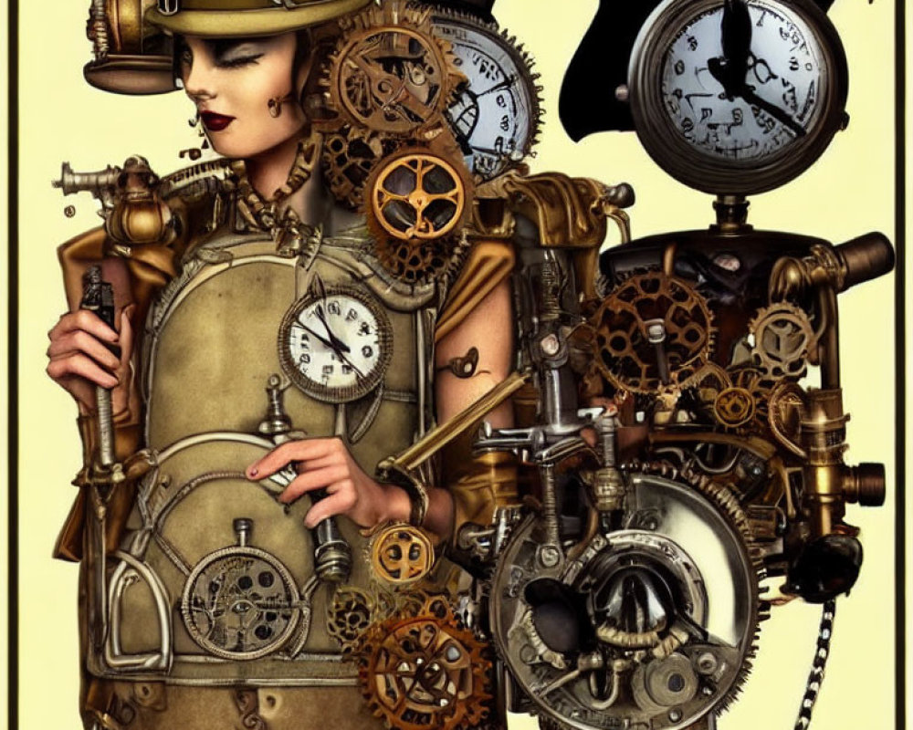 Steampunk Artwork with Person Adorned in Gears and Clocks