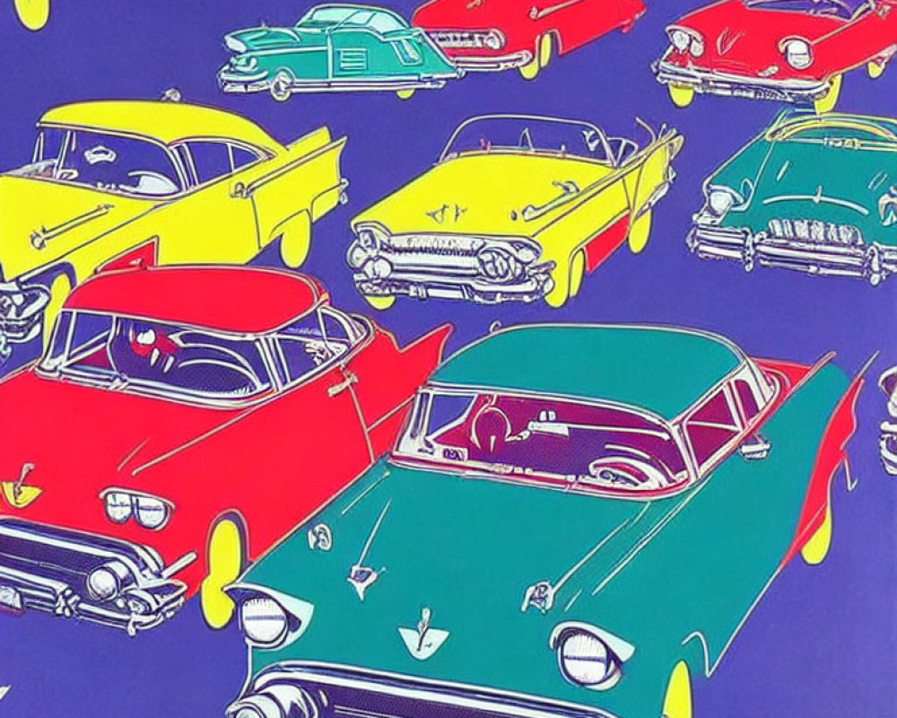 Vintage Cars in Various Styles Against Blue Background in Pop Art Illustration