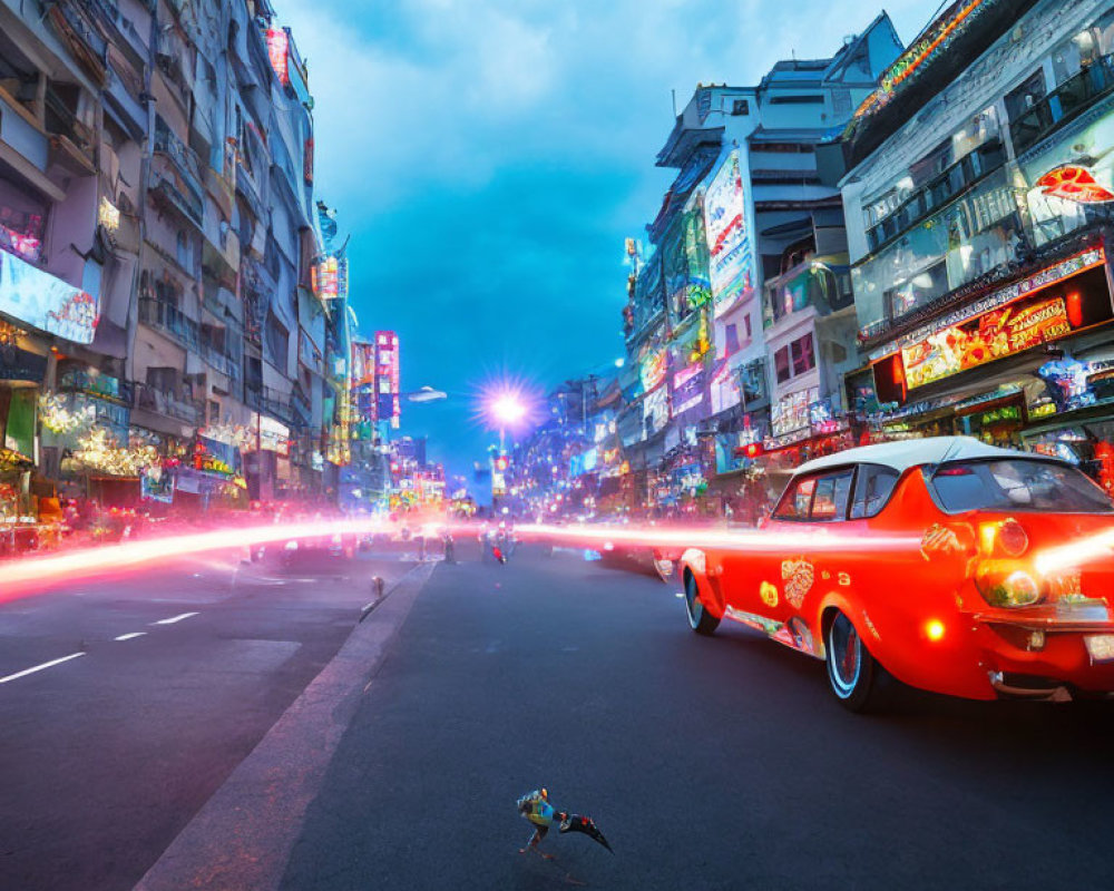 Colorful Dusk Street Scene with Illuminated Signs, Red Car, and Flying Bird