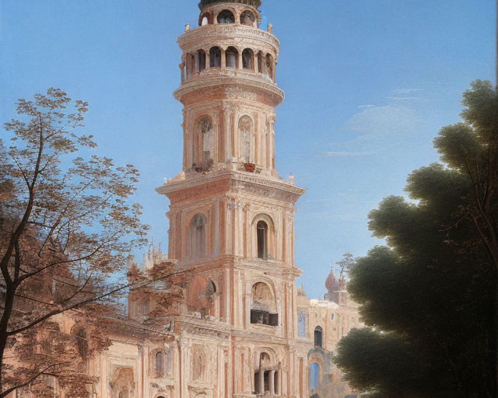 Ornate tower with green dome in classical setting under blue sky