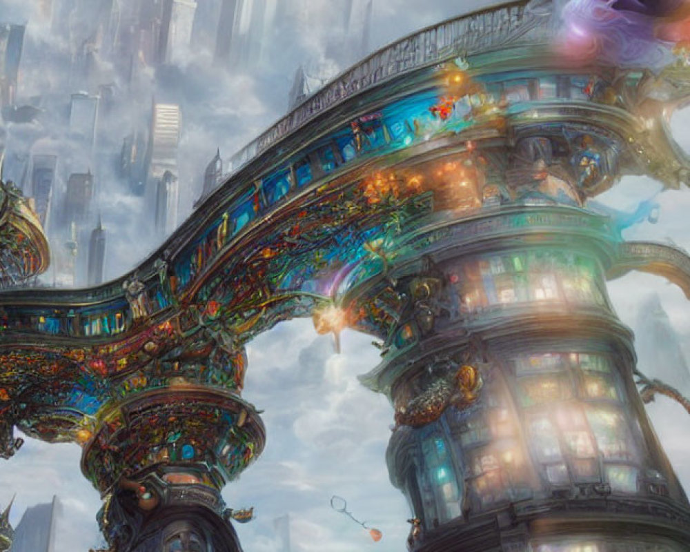 Fantastical cityscape with towering spires and floating orbs