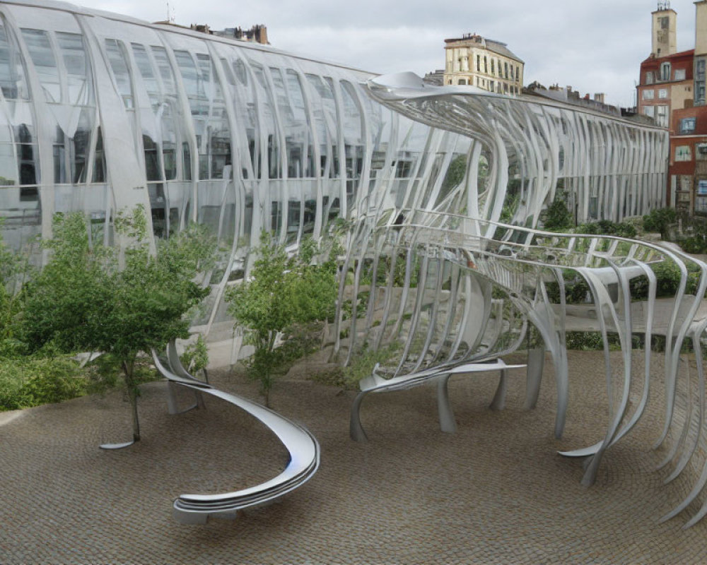 Curvy white ribbed building with glass panels near green trees and cobblestone floor