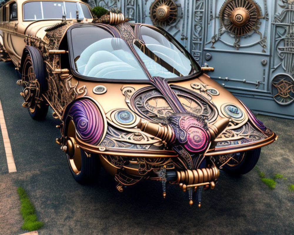 Steampunk-inspired car with intricate metal details parked in front of elaborate gates