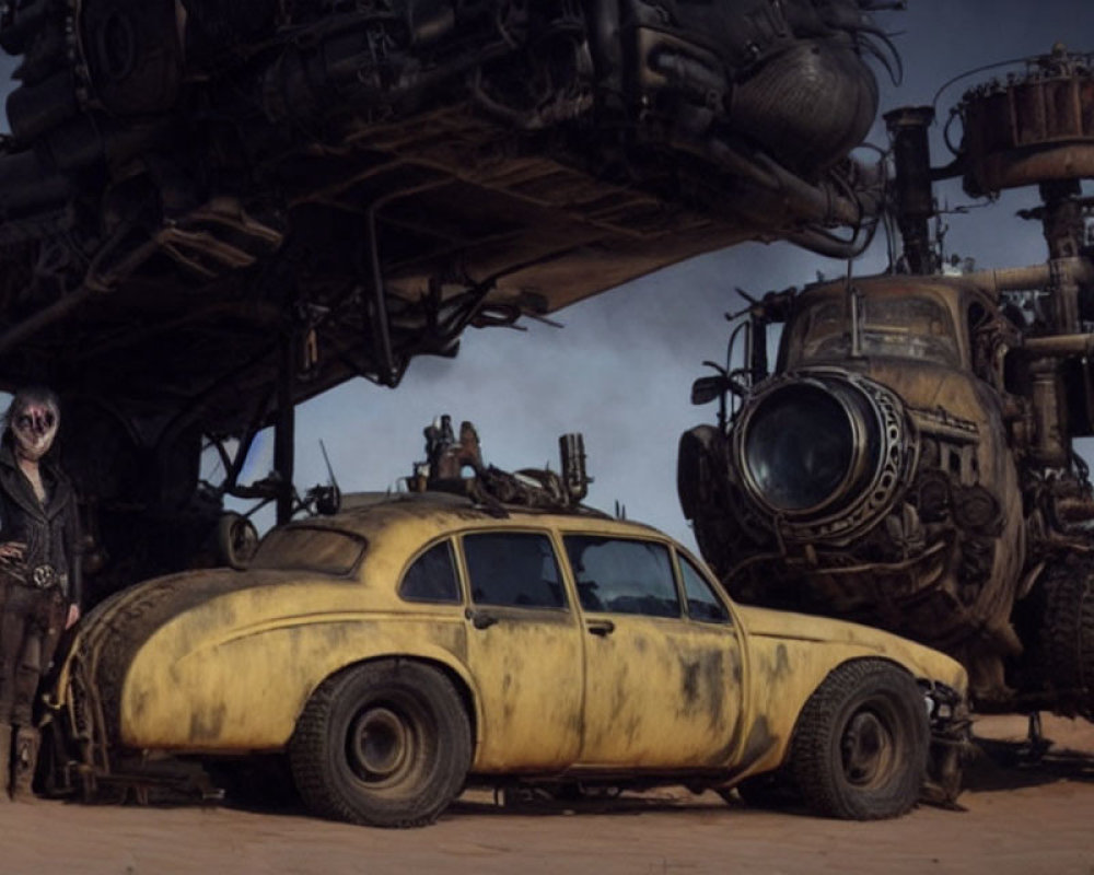 Dystopian scene with masked person near yellow car and menacing vehicles