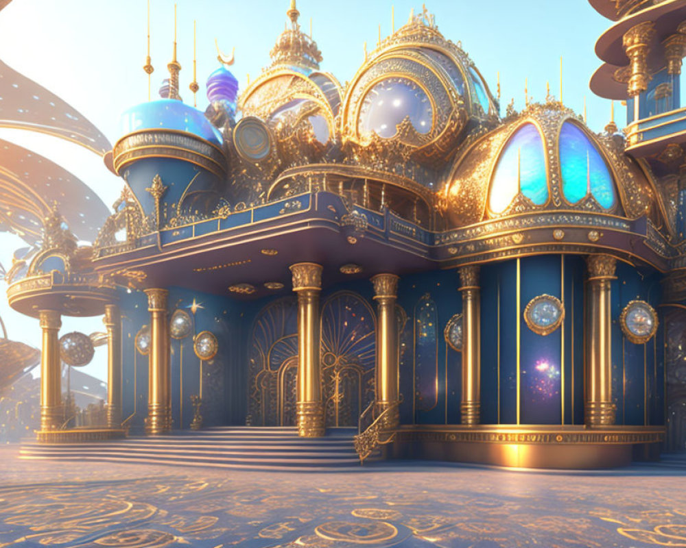 Ornate Golden and Blue Palace with Glowing Windows