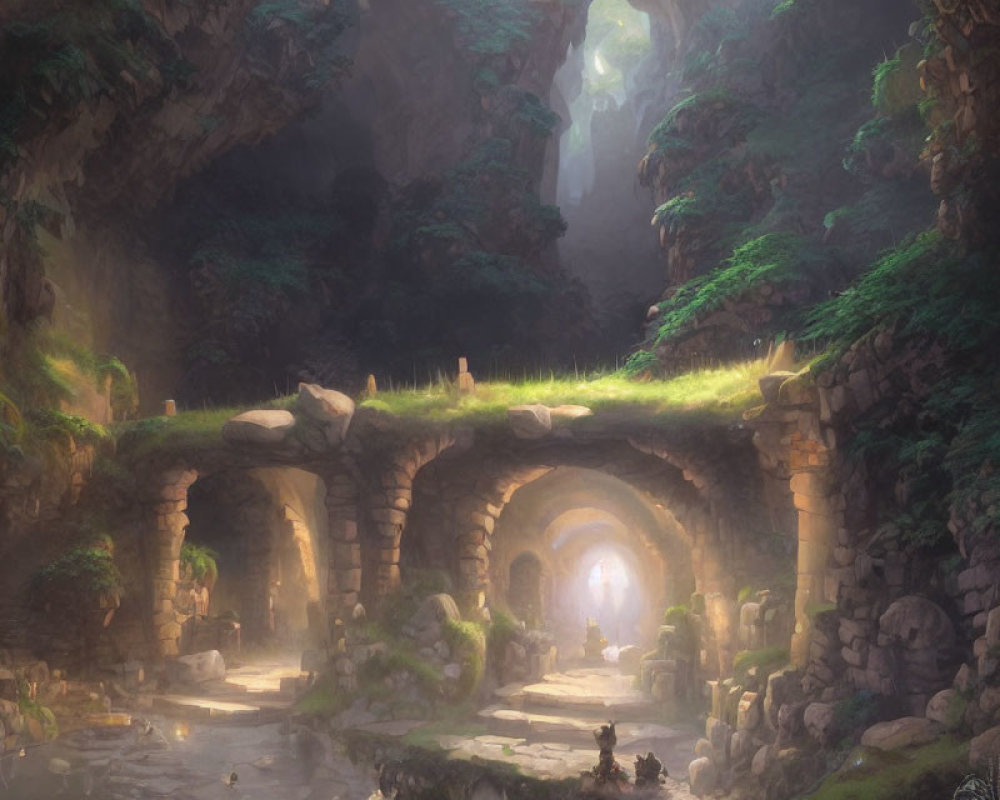 Mystical forest scene with ancient stone arches and lush greenery