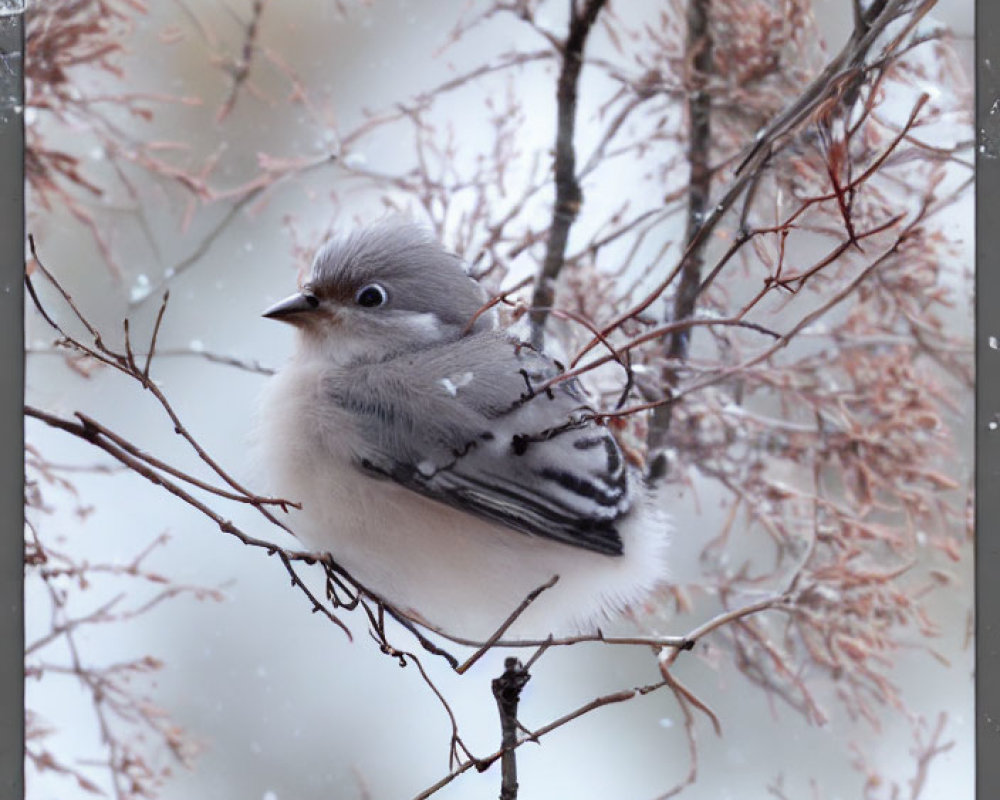 Fluffy bird on bare branch with snowflakes and frosted plants