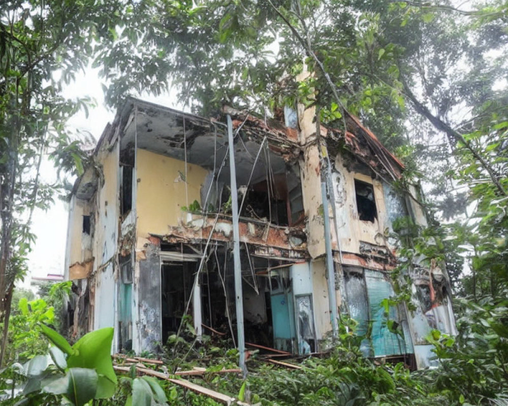 Abandoned two-story building with structural damage and overgrown vegetation in a lush forest