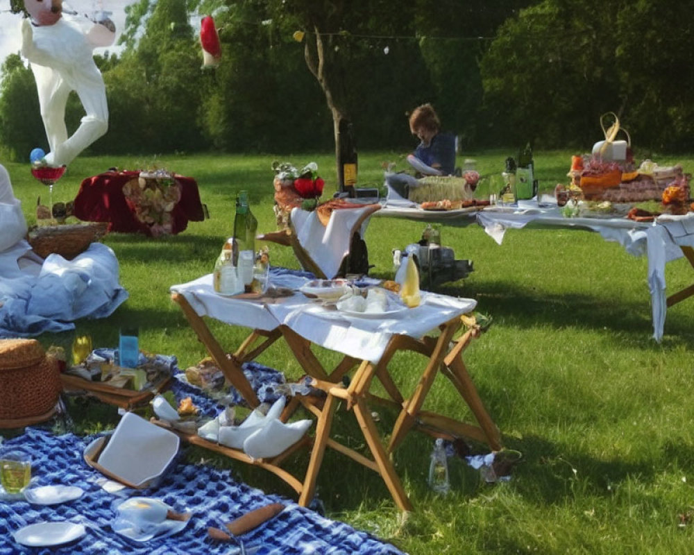 Picnic scene with food-covered tables, people in white attire, sunny park setting