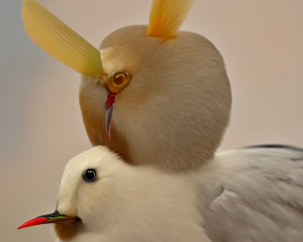 Cream-colored and white ornamental birds with soft feathers and red beak.