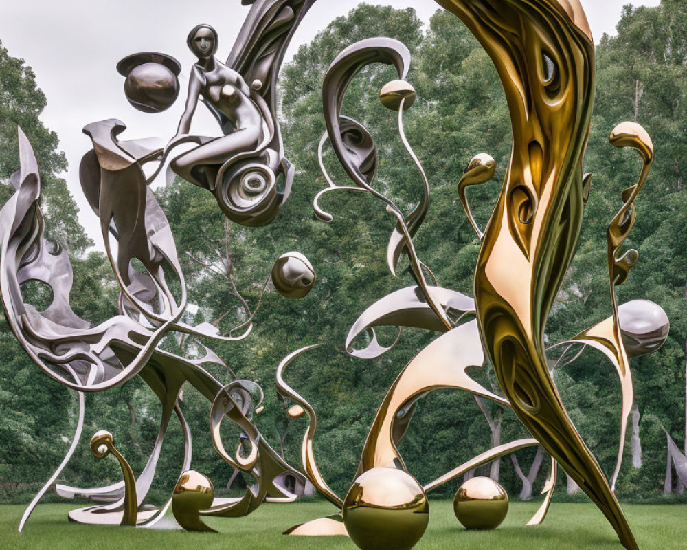 Abstract Sculpture with Gold and Silver Tones Amid Trees