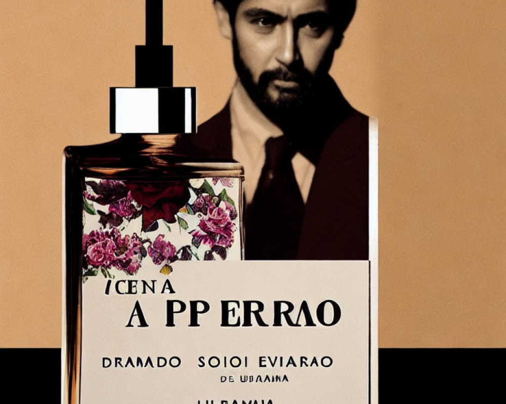 Floral Design Perfume Bottle Next to Bearded Man Portrait