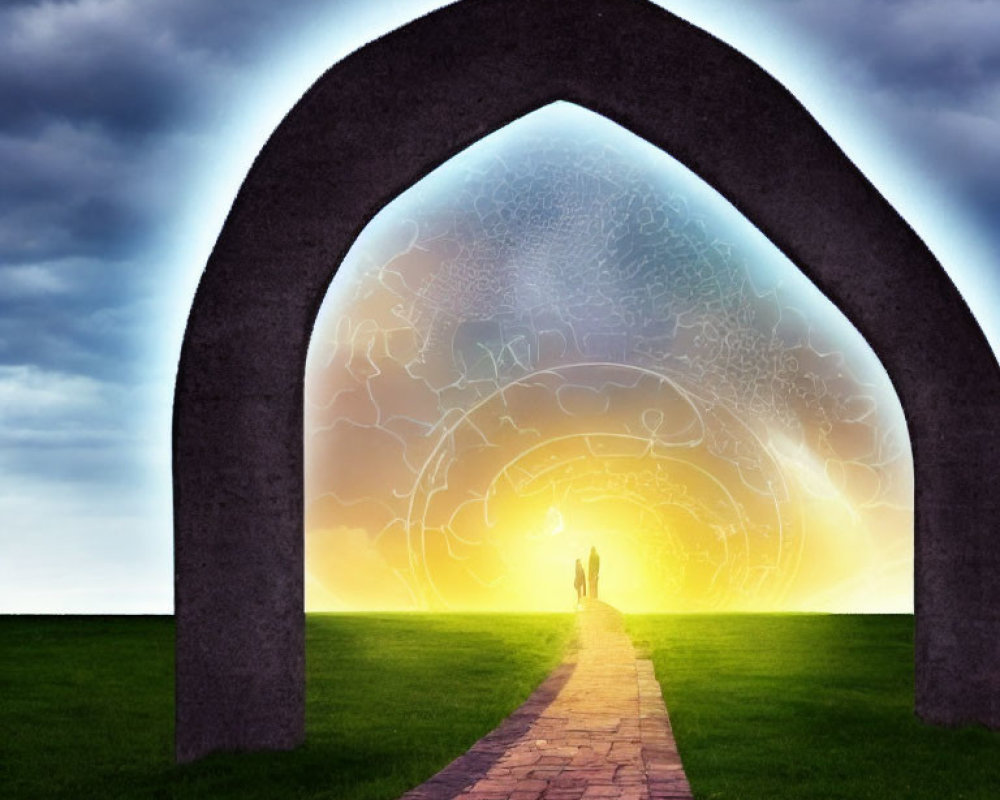 Surreal stone archway with silhouette on vibrant backdrop