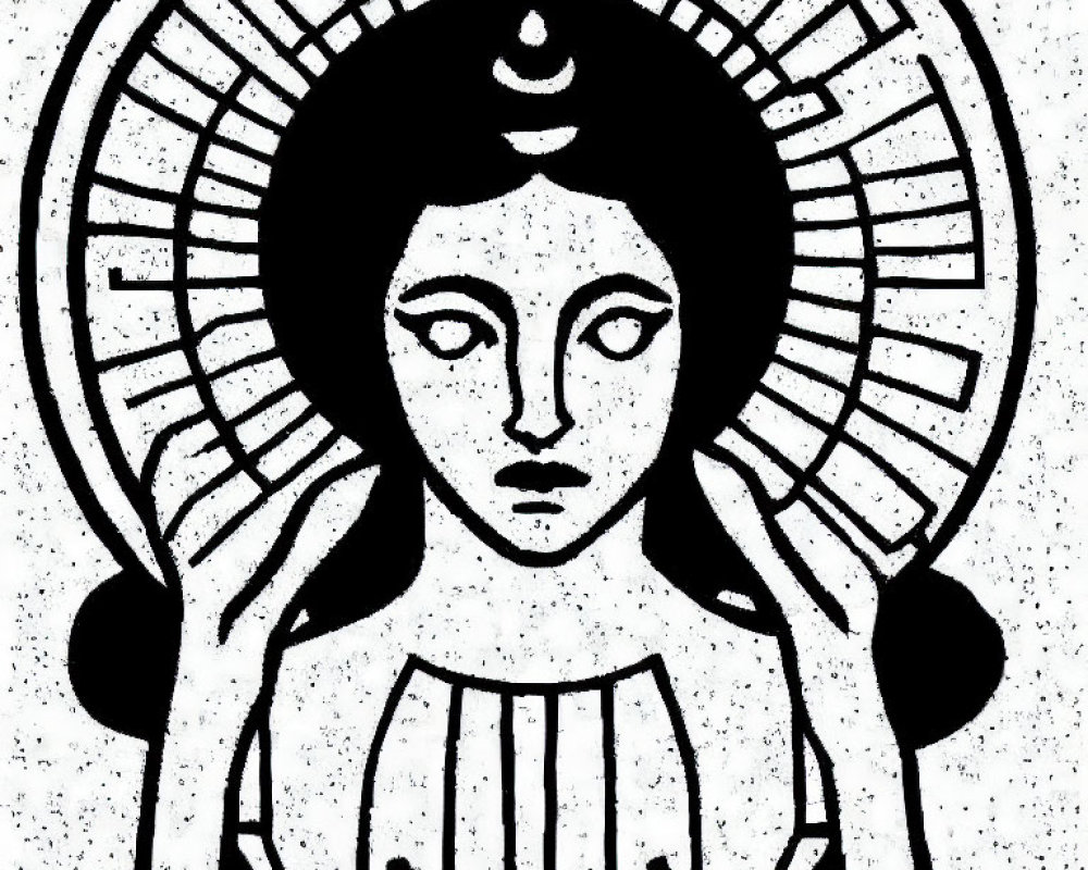 Monochrome illustration of stylized female figure with crescent moon and eye motif