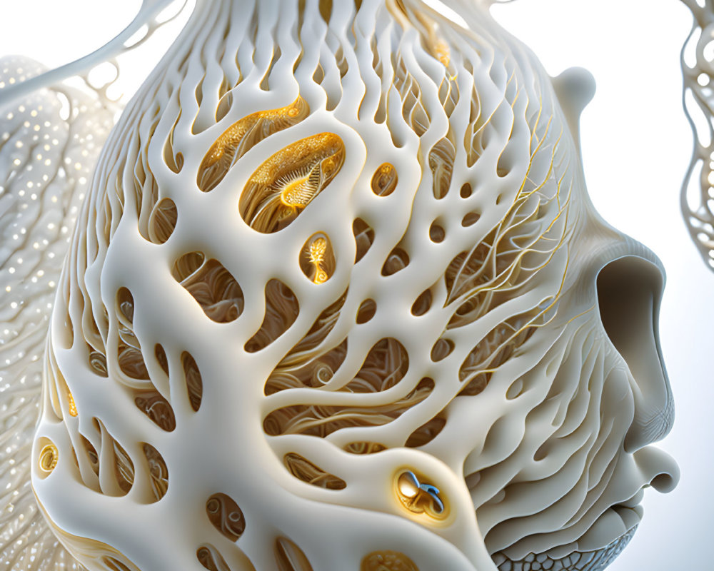 White Organic Structure with Golden Details: Abstract Futuristic Alien Design