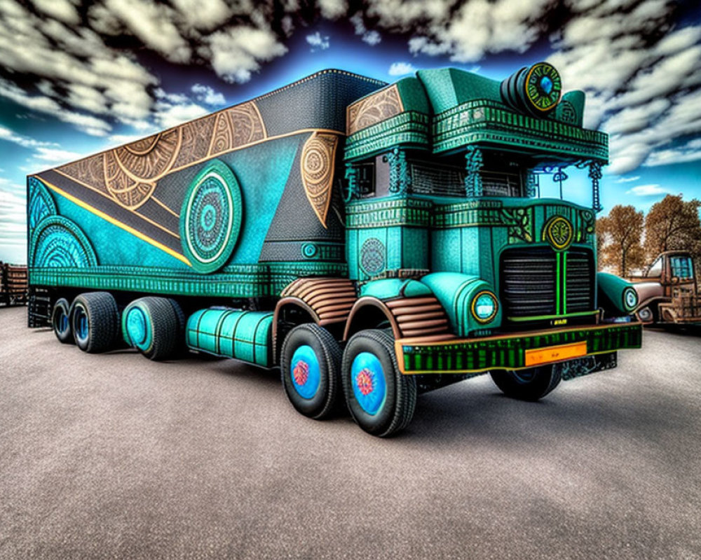 Colorful Decorated Semi-Truck Under Dramatic Cloudy Sky