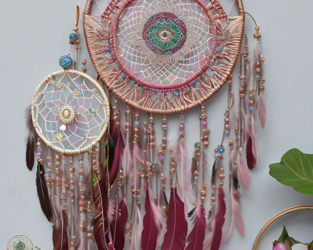 Intricate wall-mounted dreamcatcher with pink feathers and beads on grey background