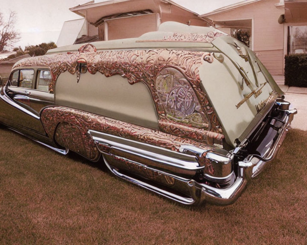 Customized Vintage Hearse with Tattoo-Style Painted Designs on Green Body