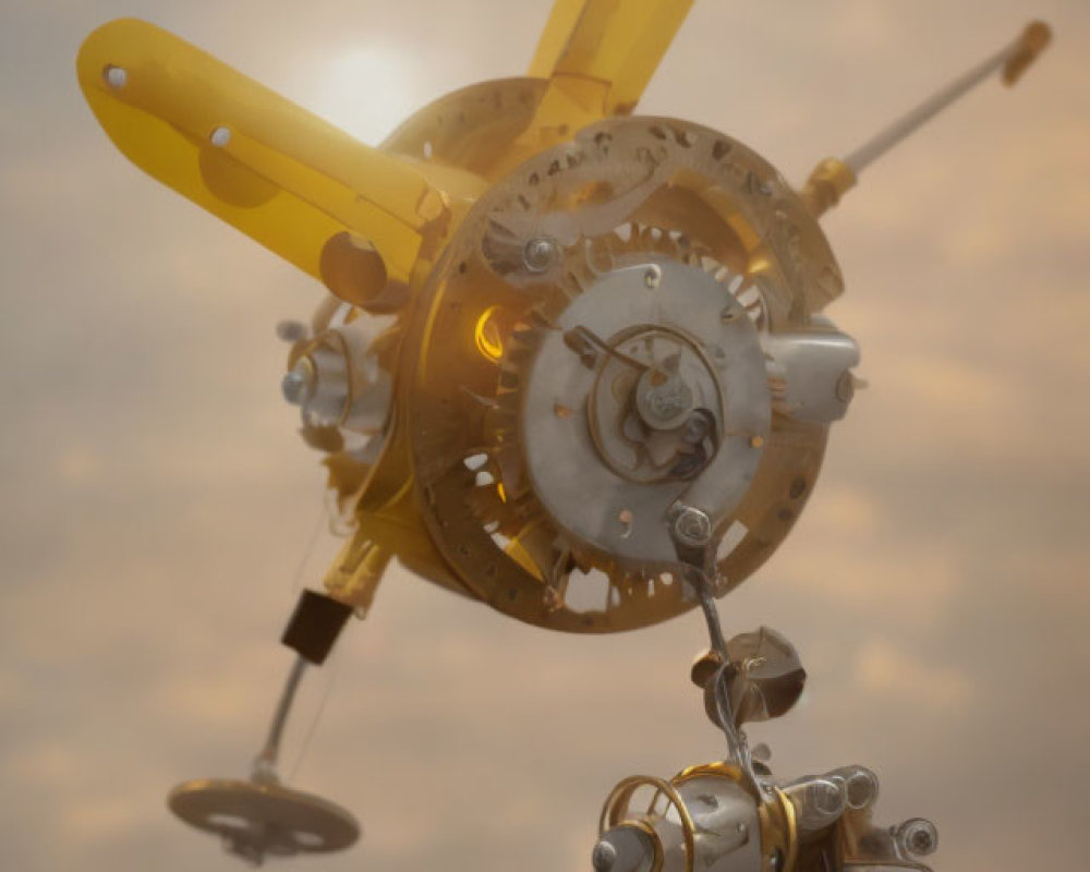 Mechanical contraption with gears and propellers under cloudy sunset sky