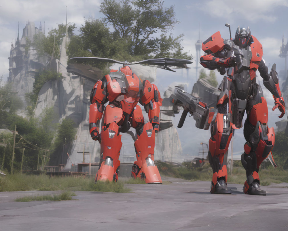 Red and black armored humanoid robots on concrete platform with futuristic vehicle and castle-like structures.