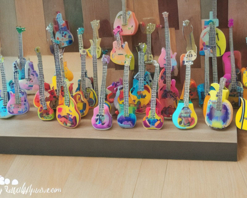 Colorful Miniature Guitar Collection Displayed on Wooden Shelf