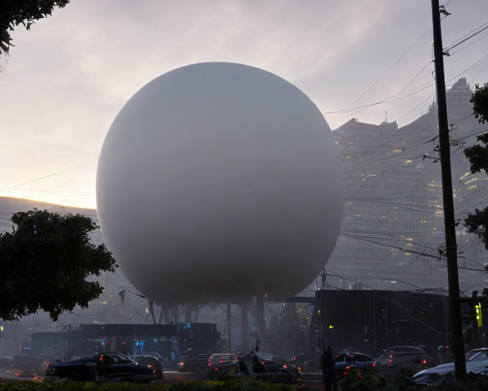 Urban landscape with large spherical structure at dusk