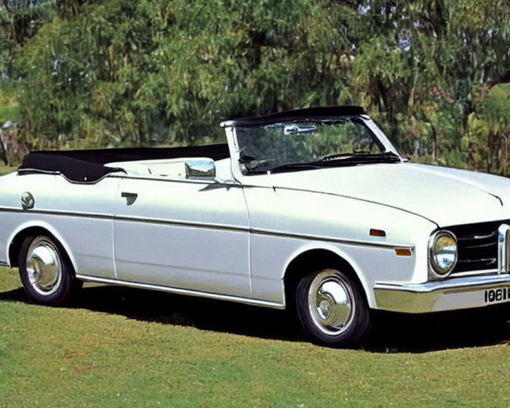 White Convertible Car Parked on Grass Under Clear Blue Sky