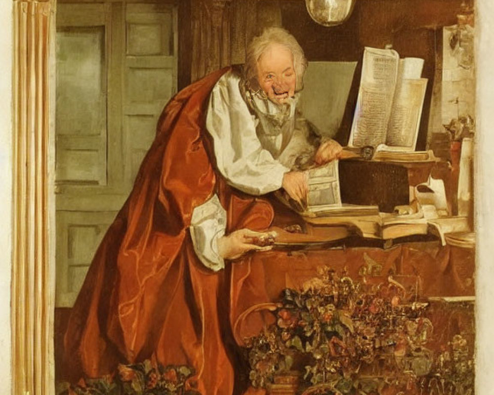 Elderly scholar in red robe writing at desk with floral arrangements and inscriptions.