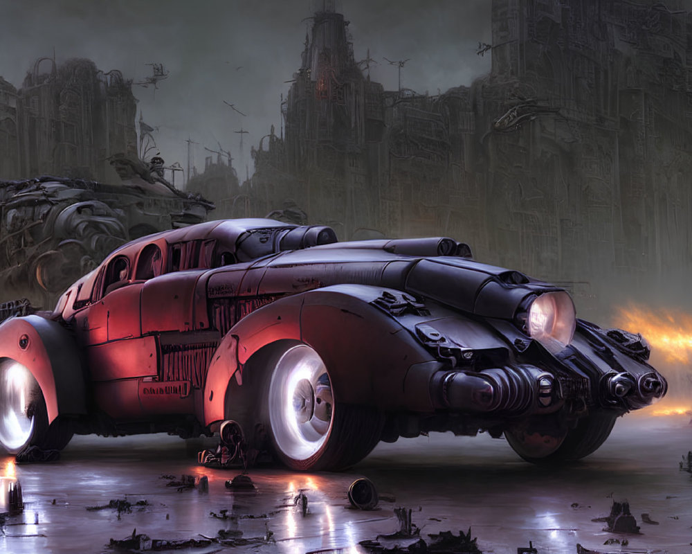 Futuristic red car in dystopian cityscape with large wheels