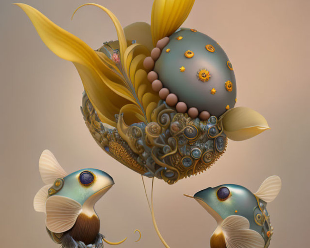 Whimsical digital artwork of mechanical fish with ornate fins and spherical structure