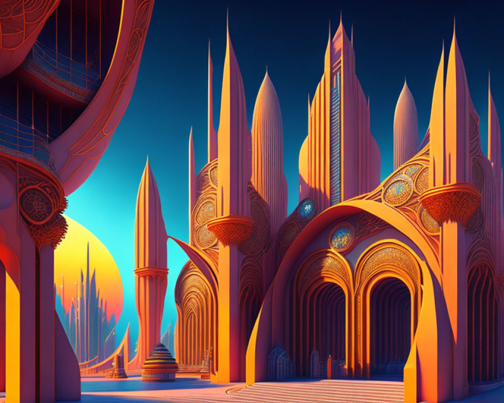 Futuristic cityscape digital artwork with stylized architecture