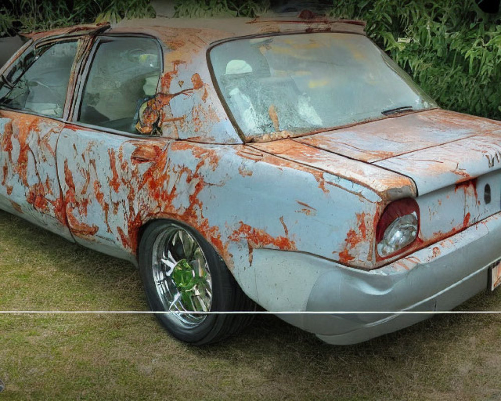 Vintage car with custom wheels and racing stripe in nature setting