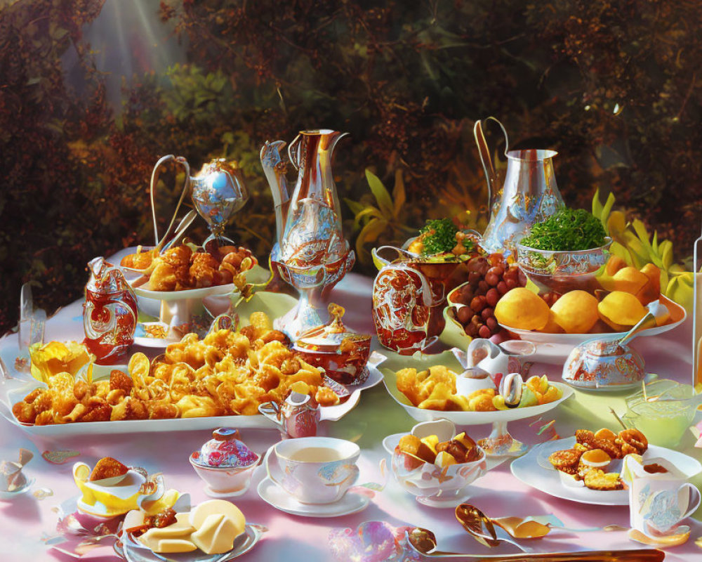 Traditional Golden-Brown Pastries and Tea on Ornate Table