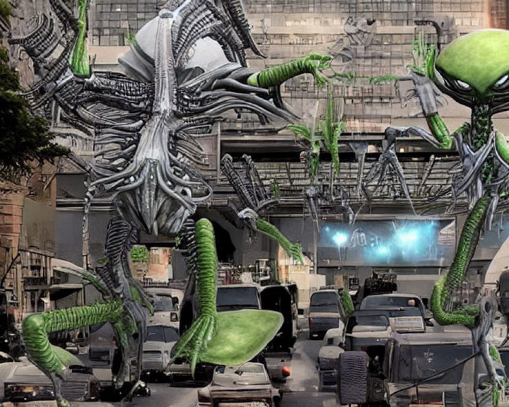 Giant alien creatures with tentacles invade city street in digital art