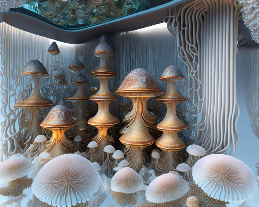 Surreal 3D Artwork: Stylized Mushrooms in Organic Environment