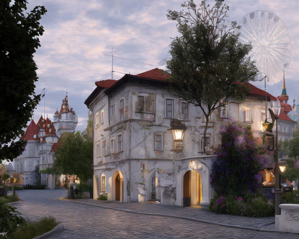 Cobblestone street with old buildings, lit archways, and ferris wheel at dusk