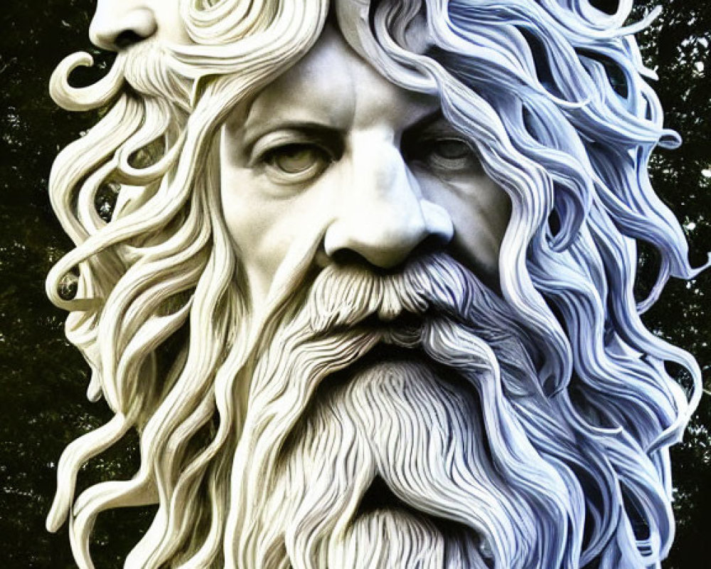 Interwoven male faces sculpture with flowing beards on leafy background.