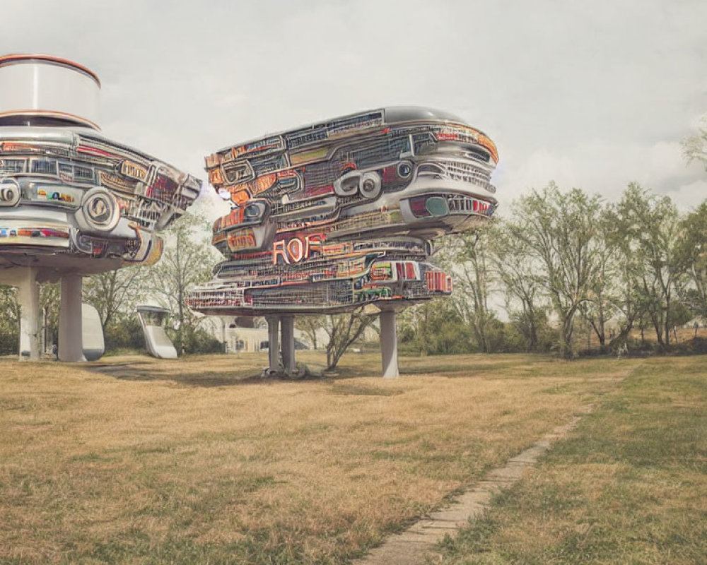 Futuristic stacked vintage cars in circular towers on grassy field