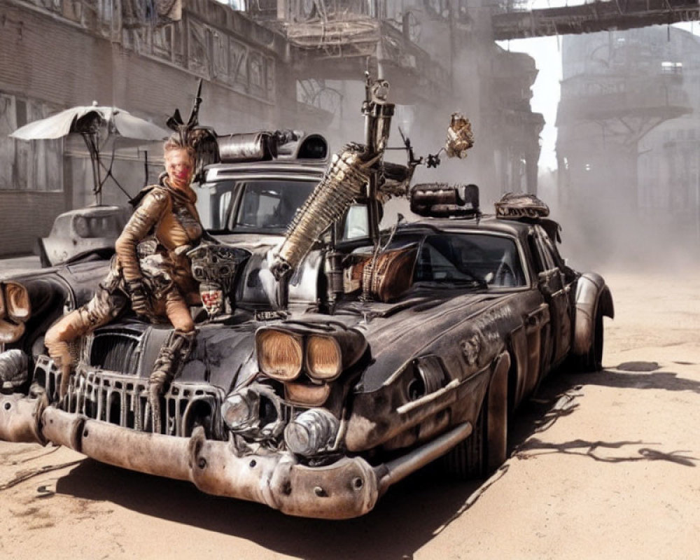 Post-apocalyptic costume on modified car in dusty environment with ruins