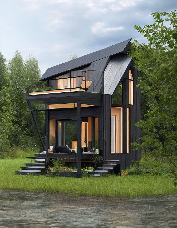 Contemporary two-story house with large windows, black exterior, and wooden accents in green surroundings.