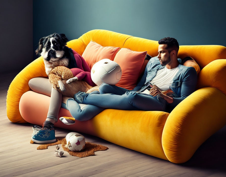 Man and dog on yellow-orange couch with video game, glasses, teddy bear, snacks, and