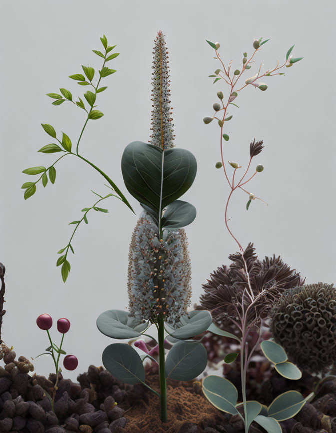 Assorted plants with central spike flower, green leaves, and red berries on pebble ground