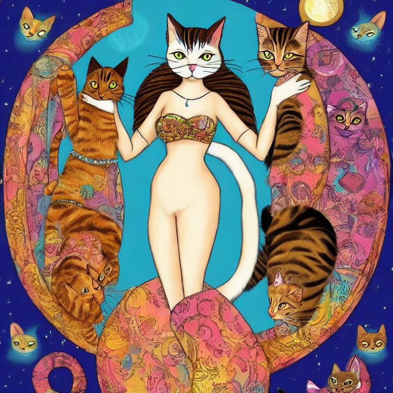 Whimsical woman with cat features surrounded by felines and celestial elements on blue background