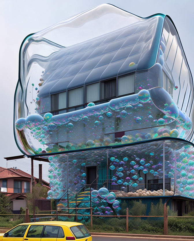 Digitally Altered House in Bubble Structure with Reflective Surfaces