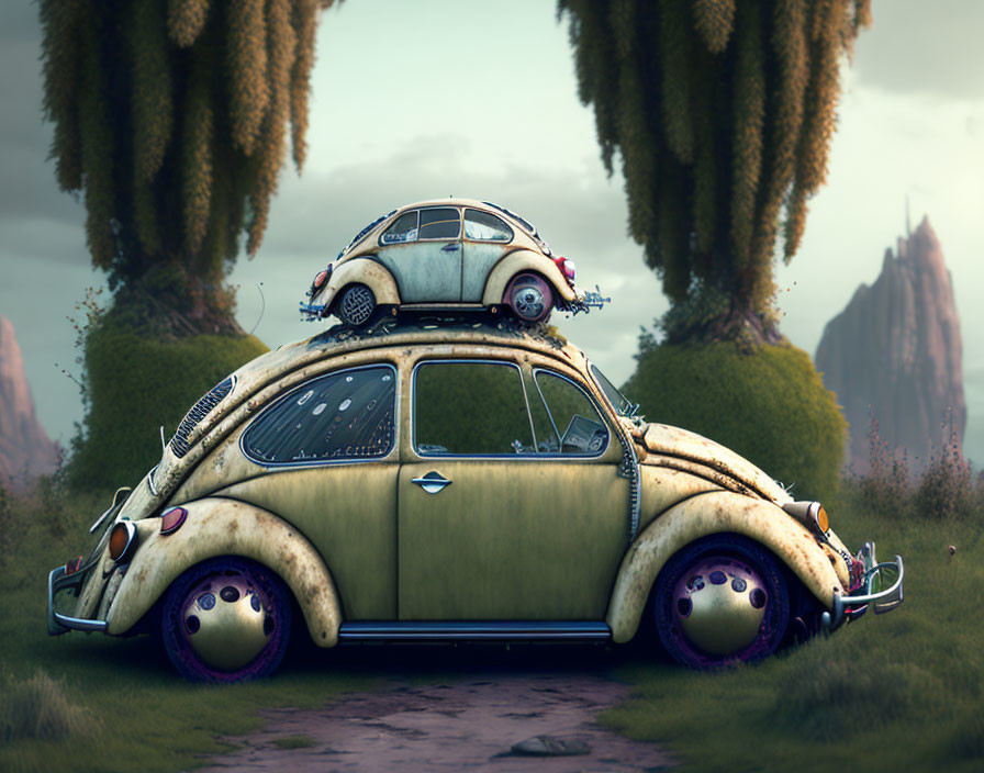 Weathered Volkswagen Beetles stacked in surreal landscape with rock formations and hanging trees