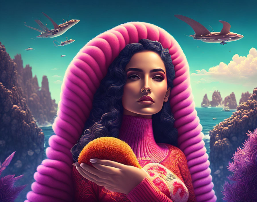 Woman with elaborate makeup holds orange fruit amidst surreal backdrop