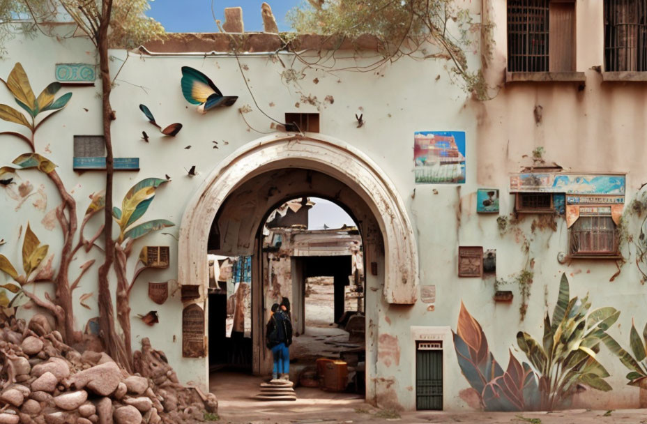 Colorful Nature Murals Adorn Arched Gateway with Person Nearby