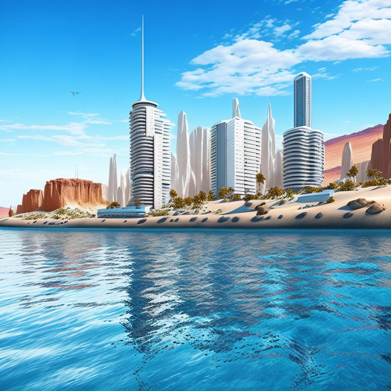 Futuristic cityscape with sleek skyscrapers on coastal desert landscape