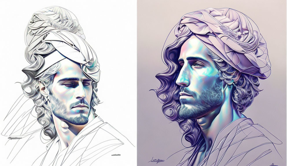 Stylized digital portraits of a man in a turban: monochromatic and multicolored