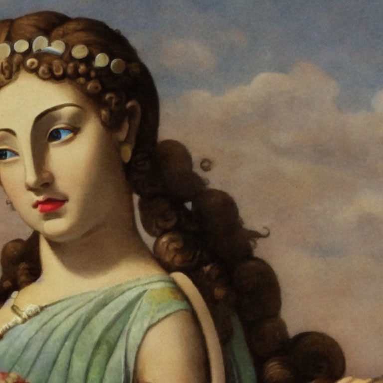 Classic Painting: Woman with Pearl Adornments and Curly Hair